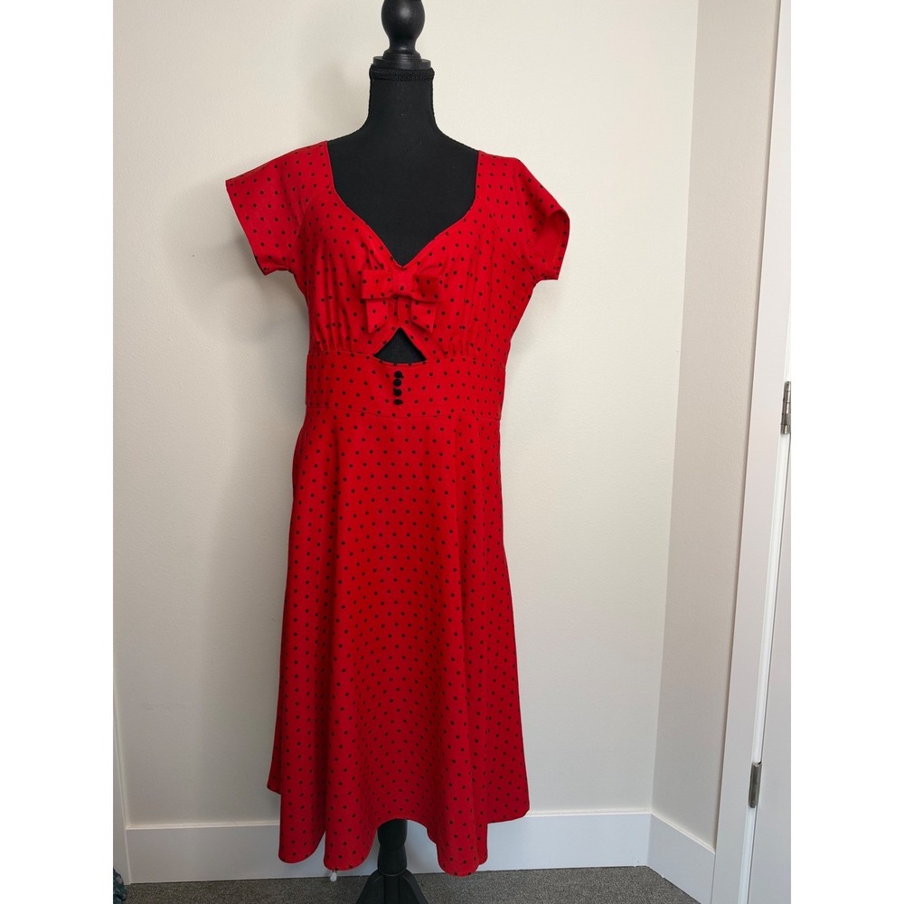 Tatyana Women's Red Shame Polka Dot Rockabilly Pinup Dress Cutout Bow Midi